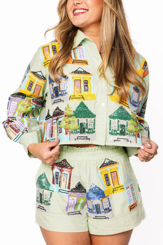 Queen of Sparkles Pale Green Nola Porches Button Up Cotton Top - Boutique Bella BellaTops