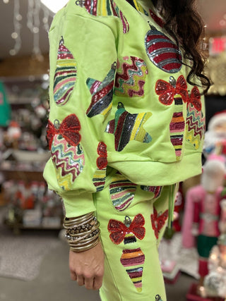 Queen of Sparkles - Pale Green Patterned Ornament & Bows Sweatshirt - Boutique Bella Bella