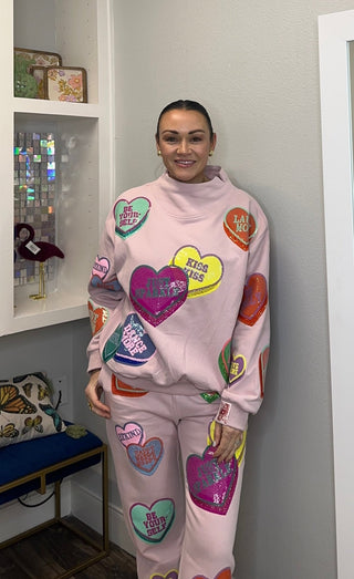 Queen of Sparkles Pale Pink Multi Positive Hearts Sweatpants - Boutique Bella BellaQueen of Sparkles