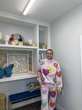 Queen of Sparkles Pale Pink Multi Positive Hearts Sweatpants - Boutique Bella BellaQueen of Sparkles