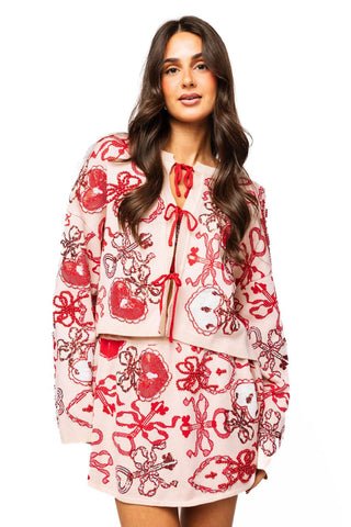 Queen of Sparkles Pale Pink & Red Heart Lock & Key Tie Up Sweater - Boutique Bella BellaQueen of Sparkles
