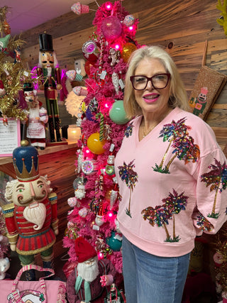 Queen of Sparkles - Pink, Green & Red Christmas Lights Palm Tree - Sweatshirt - Boutique Bella Bella