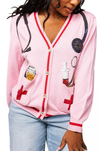 Queen of Sparkles Pink Medical Instrument Button Up Cardigan - Boutique Bella BellaQueen of Sparkles