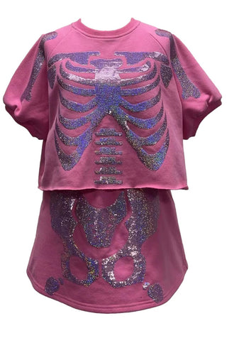 Queen of Sparkles - Pink Sequin Skeleton Short Sleeve Skort - Boutique Bella Bella