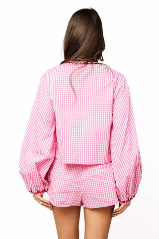 Queen of Sparkles Pink & White Gingham Ruffle Heart Pocket Tie Up Top - Boutique Bella BellaTops