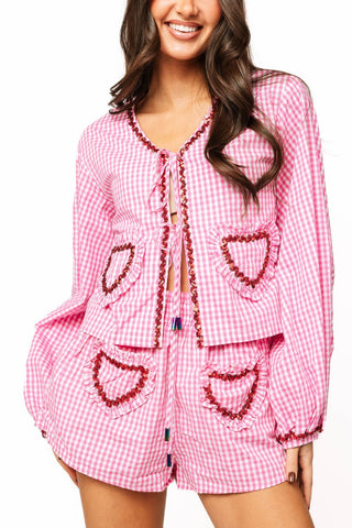 Queen of Sparkles Pink & White Gingham Ruffle Heart Pocket Tie Up Top - Boutique Bella BellaTops