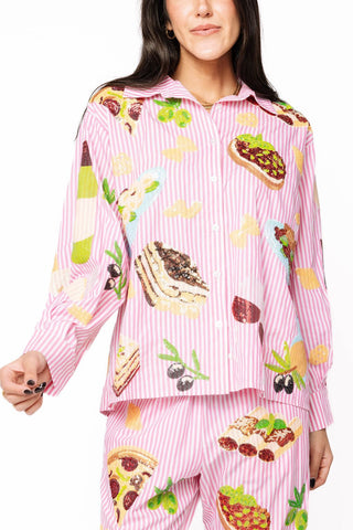 Queen of Sparkles Pink & White Striped Italian Food Button Up Cotton Top - Boutique Bella BellaTops