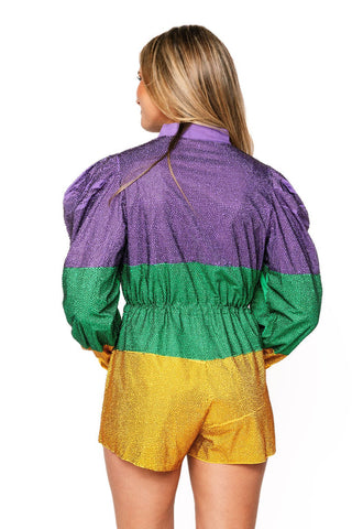 Queen of Sparkles Purple, Green & Gold Colorblock Full Rhinestone Long Sleeve Romper - Boutique Bella BellaQueen of Sparkles