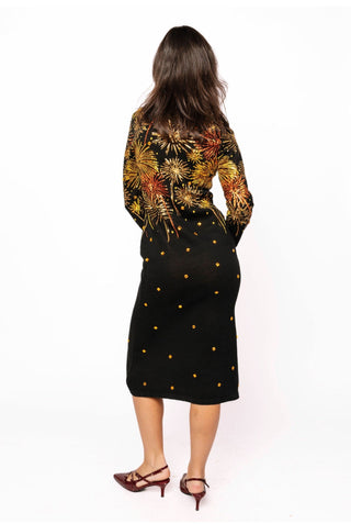 Queen of Sparkles QOS Black, Gold & Rose Gold Firework Jeweled Midi Sweater Dress - Boutique Bella Bella