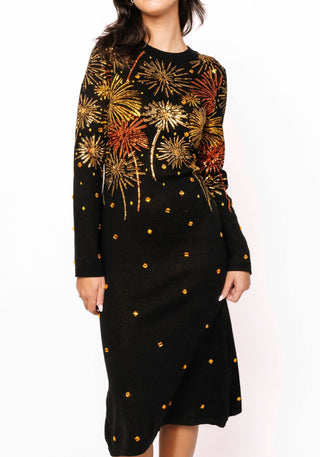 Queen of Sparkles QOS Black, Gold & Rose Gold Firework Jeweled Midi Sweater Dress - Boutique Bella Bella