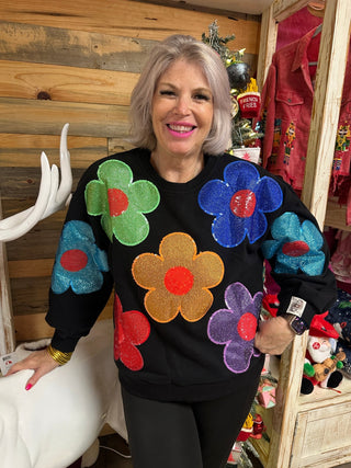Queen of Sparkles • QOS • Black Multi Oversized Rhinestone Flower Sweatshirt - Boutique Bella BellaSweatshirt