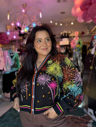 Queen of Sparkles QOS Black Multi Rainbow Firework Button Up Cardigan - Boutique Bella BellaCardigan
