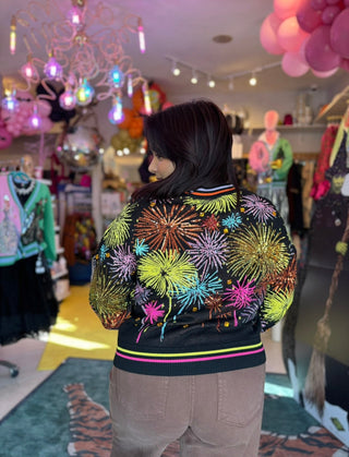 Queen of Sparkles QOS Black Multi Rainbow Firework Button Up Cardigan - Boutique Bella BellaCardigan