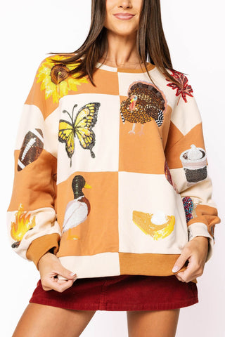 Queen of Sparkles • QOS • Brown & Ivory Checkered Fall Icon Sweatshirt - Boutique Bella BellaSweatshirt