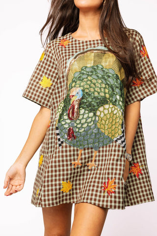 Queen of Sparkles QOS Brown Plaid Big Turkey & Leaves Short Dress - Boutique Bella BellaDress