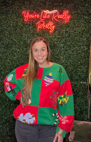 Queen of Sparkles QOS Green & Red Checkered Christmas Icons Sweatshirt - Boutique Bella BellaSweatshirt