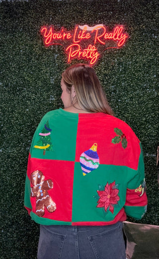 Queen of Sparkles QOS Green & Red Checkered Christmas Icons Sweatshirt - Boutique Bella BellaSweatshirt