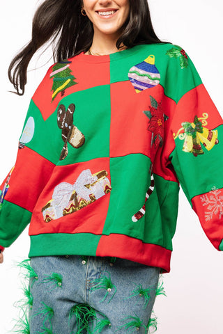 Queen of Sparkles QOS Green & Red Checkered Christmas Icons Sweatshirt - Boutique Bella BellaSweatshirt