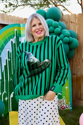 Queen Of Sparkles QOS Licensed Green & Black Striped Elphaba Hat Sweater - Boutique Bella Bellasweater
