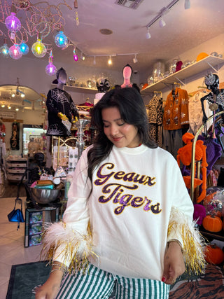 Queen of Sparkles • QOS • Licensed LSU Feather Sleeve Sweater - Boutique Bella BellaGameday