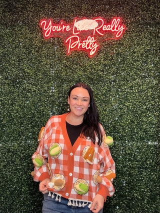 Queen of Sparkles QOS Orange & White Checkered Knit Thanksgiving Food on Plate Cardigan - Boutique Bella BellaCardigan
