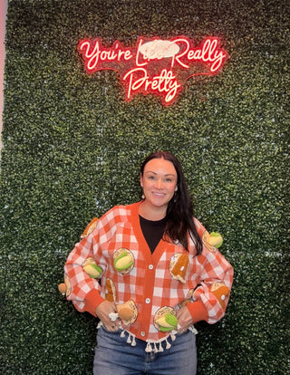 Queen of Sparkles QOS Orange & White Checkered Knit Thanksgiving Food on Plate Cardigan - Boutique Bella BellaCardigan