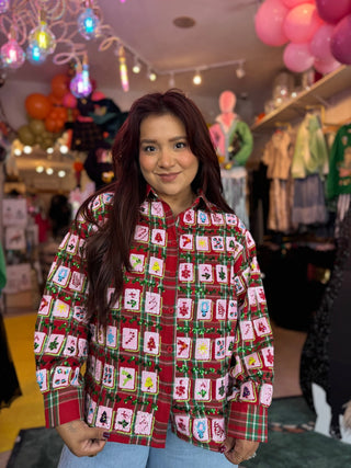 Queen of Sparkles QOS Red Plaid Mahjong Tile Button Up Top - Boutique Bella BellaTop