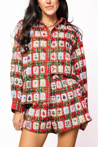 Queen of Sparkles QOS Red Plaid Mahjong Tile Button Up Top - Boutique Bella BellaTop
