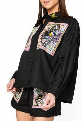 Queen of Sparkles Queen Card & Sparkle Collar Button Up Cotton Top - Boutique Bella BellaCasual Top