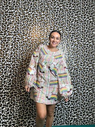 Queen of Sparkles Rainbow Plaid Birthday Cake Button Up Cotton Dress - Boutique Bella BellaQueen of Sparkles