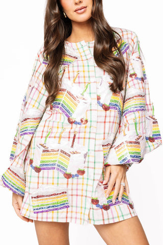 Queen of Sparkles Rainbow Plaid Birthday Cake Button Up Cotton Dress - Boutique Bella BellaQueen of Sparkles