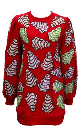 Queen of Sparkles - Red Little Debbie Trees Sweatshirt Dress - Boutique Bella Bella