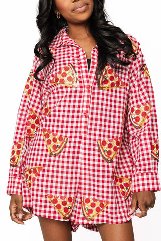Queen of Sparkles Red & White Checkered Pepperoni Pizza Long Sleeve Button Up Cotton Romper - Boutique Bella BellaQueen of Sparkles