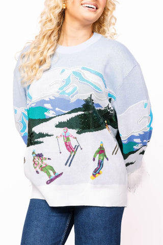 Queen of Sparkles Skiers on Mountain Feather Sleeve Sweater - Boutique Bella BellaSweater