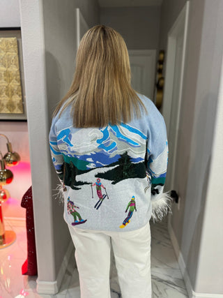 Queen of Sparkles Skiers on Mountain Feather Sleeve Sweater - Boutique Bella BellaSweater