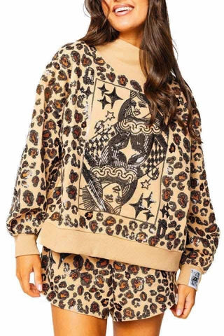 Queen of Sparkles Tan Leopard Print QOS Card Logo Sweatshirt - Boutique Bella BellaQueen of Sparkles