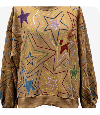 Queen of Sparkles - Tan Multi Star Sweatshirt - Boutique Bella Bella