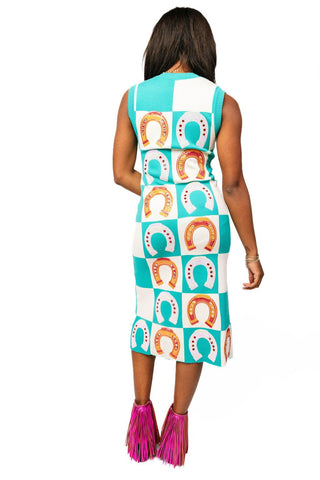 Queen of Sparkles Teal Checkered Horse Shoe Knit Maxi Dress - Boutique Bella BellaQueen of Sparkles