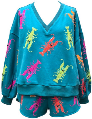 Queen of Sparkles - Teal Neon V - Neck Crawfish Sweatshirt - Boutique Bella Bella