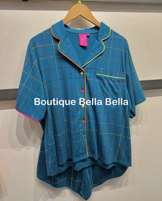 Queen of Sparkles-Teal Rhinestone Plaid Pajama Top - Boutique Bella BellaQueen of Sparkles