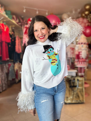 Queen of Sparkles - White & Aqua Snowman Sweater - Boutique Bella Bella