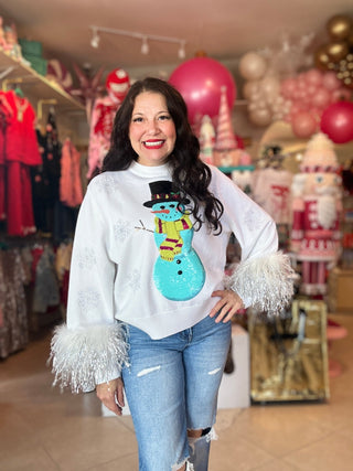 Queen of Sparkles - White & Aqua Snowman Sweater - Boutique Bella Bella