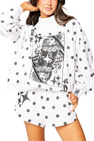 Queen of Sparkles White & Black Polka Dot QOS Car Logo Mock Neck Sweatshirt - Boutique Bella BellaSweatshirt