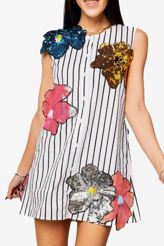 Queen of Sparkles White & Black Striped Multi Oversized Sequin Flower Dress - Boutique Bella BellaQueen of Sparkles