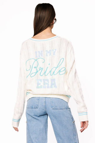 Queen of Sparkles White & Blue 'In My Bride Era' Sequin & Pearl Button Up Cardigan - Boutique Bella BellaCardigan