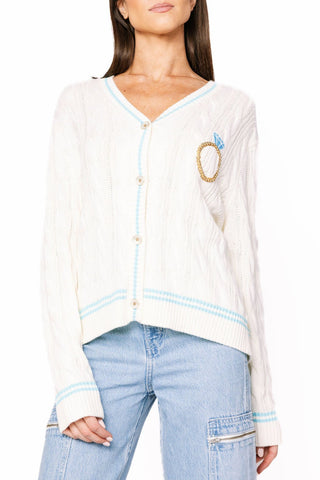 Queen of Sparkles White & Blue 'In My Bride Era' Sequin & Pearl Button Up Cardigan - Boutique Bella BellaCardigan