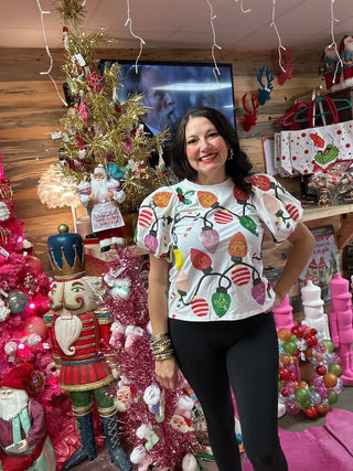 Queen of Sparkles - White Christmas Lights Tee With Poof Sequin Sleeves - Boutique Bella Bella