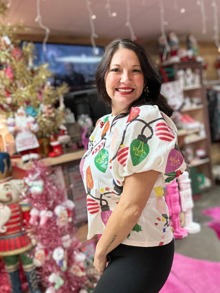 Queen of Sparkles - White Christmas Lights Tee With Poof Sequin Sleeves - Boutique Bella Bella