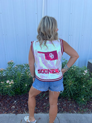 Queen of Sparkles - White & Crimson OU Full Sequin Button Up Sweater Vest - Boutique Bella BellaQueen of Sparkles