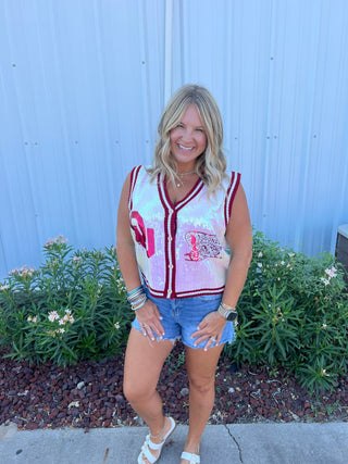 Queen of Sparkles - White & Crimson OU Full Sequin Button Up Sweater Vest - Boutique Bella BellaQueen of Sparkles